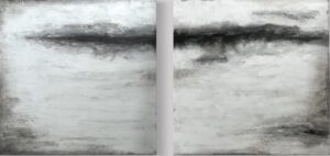 A non-figurative diptych. Textured painting with a range of white and greys and a striking dark marking on both panels.