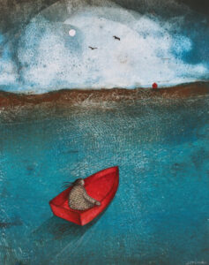 A person with long brown hair and dress sits in the back of a red boat. The boat is directed away from the viewer and towards a rusty brown shoreline with a red house. The sky, with a sun, is white with blue speckles and has silhouettes of two birds.
