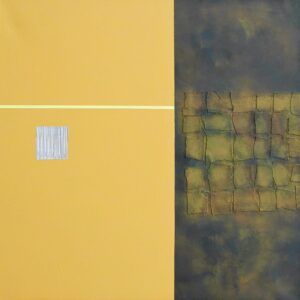 A mixed media piece with juxtaposing two colour blocks; a yellow colour block with a line and small square contrasts a grey colour block with yellow nonuniform squares in a 5x6 grid