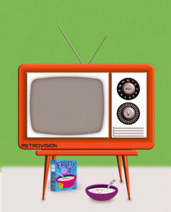 In the centre of the piece there is an old television consol with an antenna, two large dials, and the television screen is off. The body of the television is bright orange with peg legs. Below the TV is a bowl of cereal and milk with a box beside it that says “Fruity O’s”
