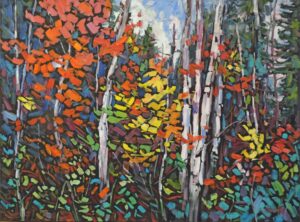 An oil painting of a fall forest with white birch and pine. Impressionist influences; large brush strokes of paint in yellow, green, red, and blue.