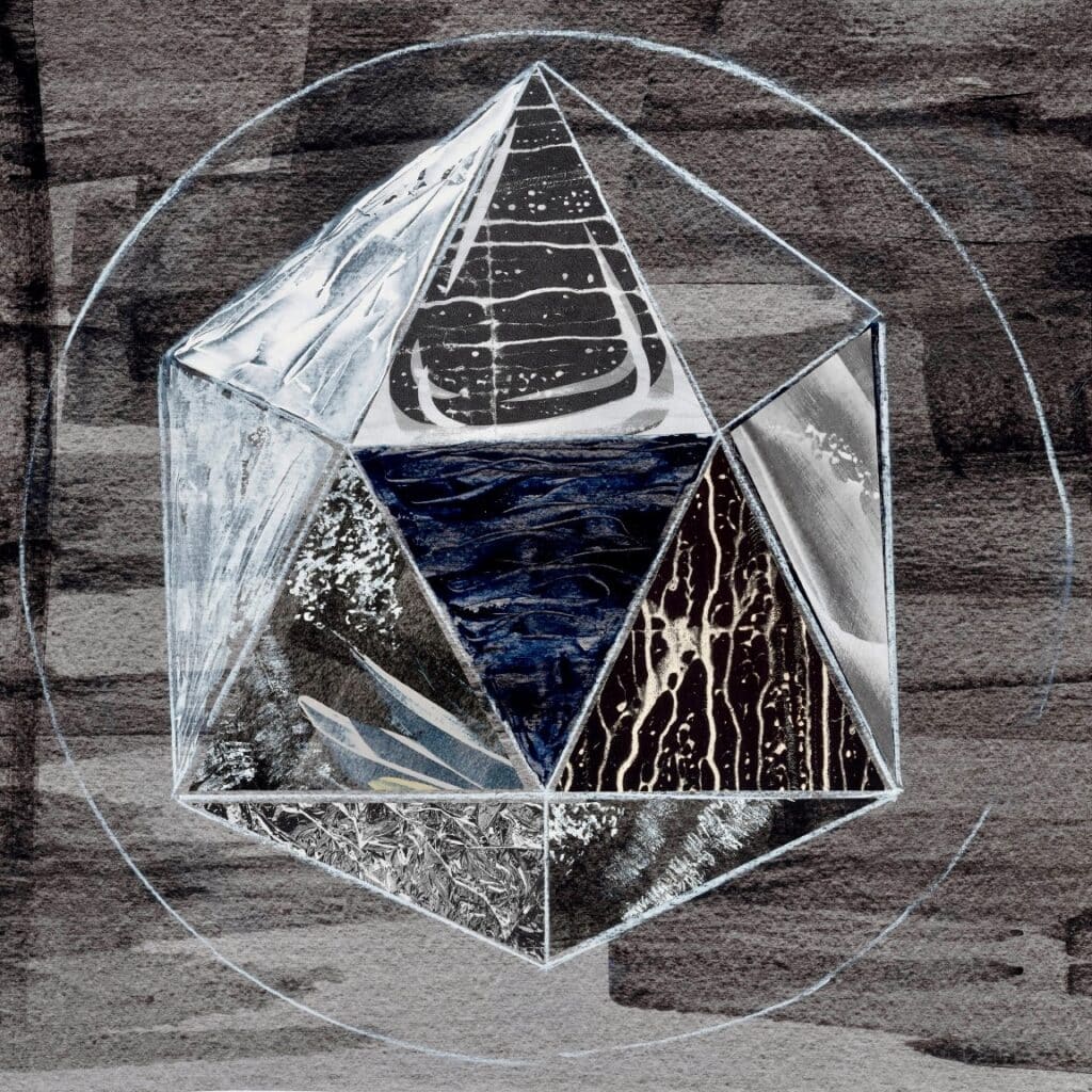 An icosahedron, each of the 10 visible faces are outlined in white and have different black and white markings in them, many resemble dripping water. There is a white circle around the geometric shape.