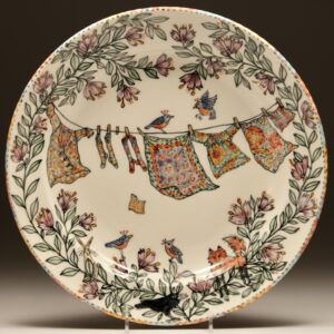 A plate with a painted scene; laundry on a clothesline with birds, a fox, and a crow. There are pink flowers with green leaves around the perimeter.