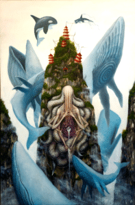 A surrealist scene; a mountain with houses on the top, and a faceless creature with multiple tentacles, hands, and feet is imbedded below. There are multiple whales floating around the mountain in the air.